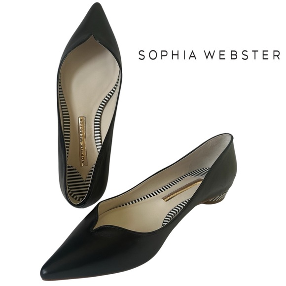 Sophia Webster black flats scalloped toe shoes + striped heel euro 36 5.5 US NEW - Picture 1 of 12